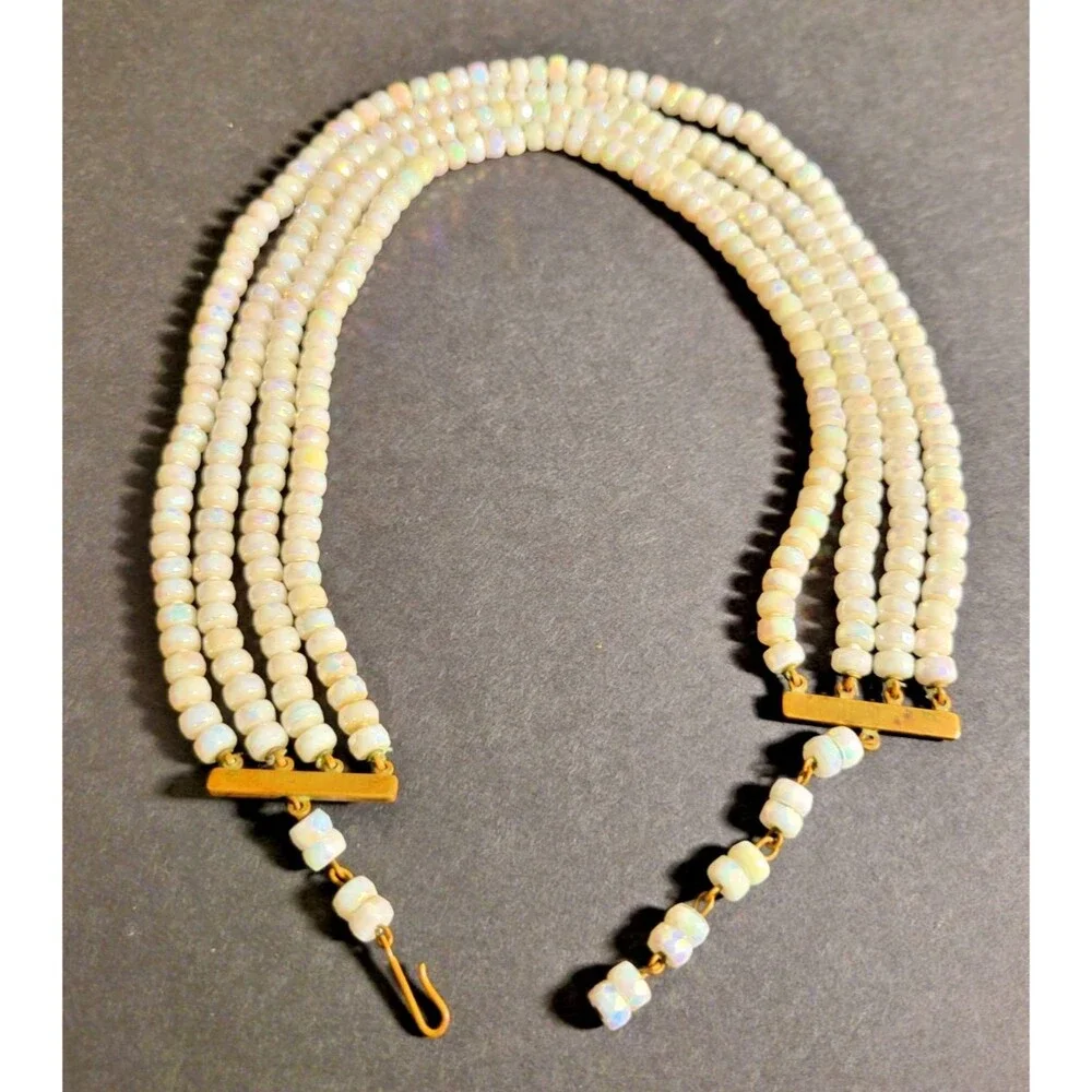 Vintage 1950s 4 Strand Opalescent Glass Bead Necklace Wedding Glam Mid Century